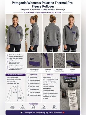 Patagonia Women’s L Gray Polartec Thermal Pro Fleece Pullover Purple Snap Pocket